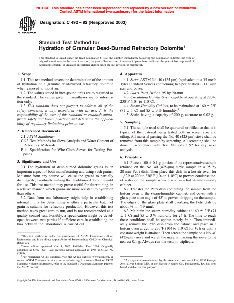 ASTM C492-92(2003) - Standard Test Method for Hydration of Granular Dead-Burned Refractory Dolomite