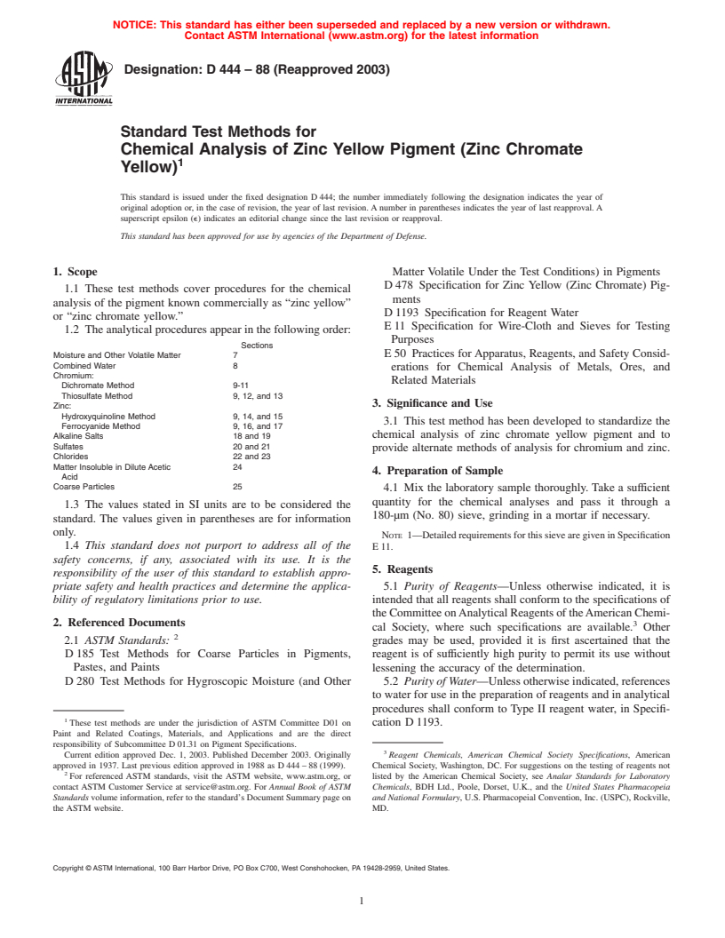 ASTM D444-88(2003) - Standard Test Methods for Chemical Analysis of Zinc Yellow Pigment (Zinc Chromate Yellow)