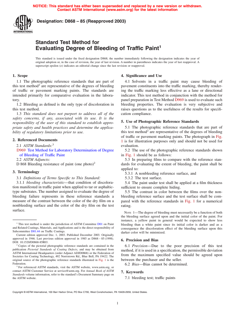 ASTM D868-85(2003) - Standard Test Method for Evaluating Degree of Bleeding of Traffic Paint