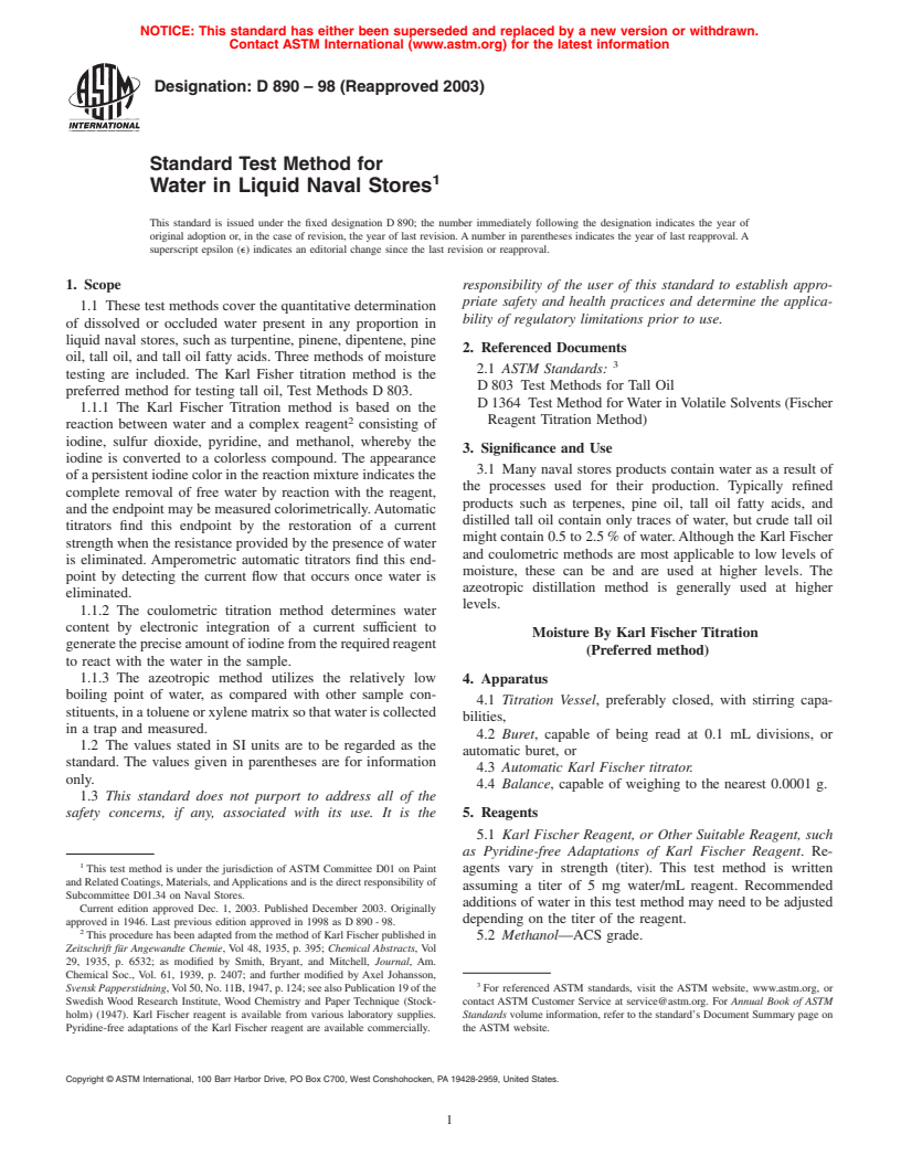 ASTM D890-98(2003) - Standard Test Method for Water in Liquid Naval Stores