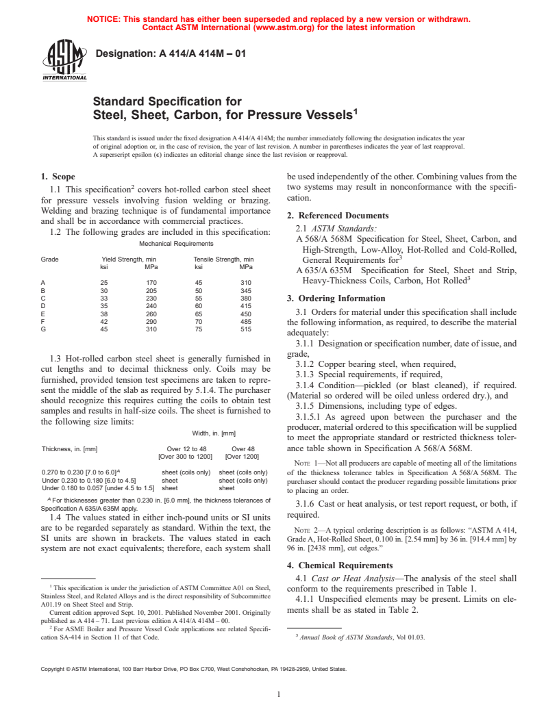 ASTM A414/A414M-01 - Standard Specification for Steel, Sheet, Carbon, for Pressure Vessels