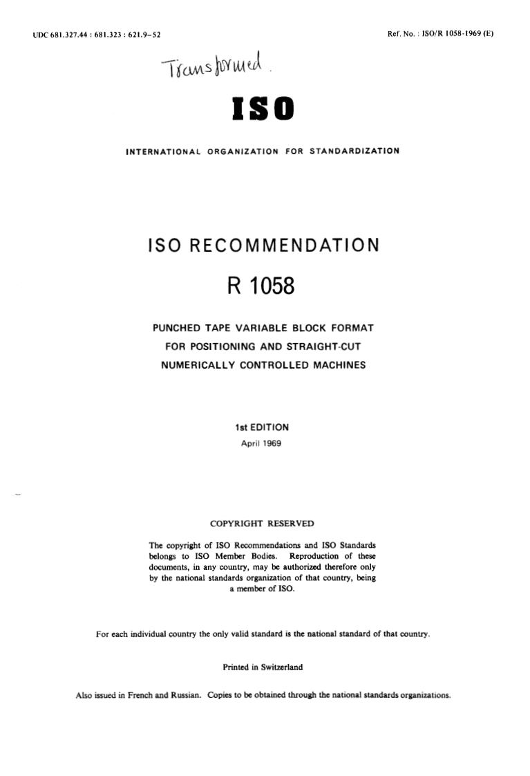 ISO/R 1058:1969 - Title missing - Legacy paper document
Released:1/1/1969