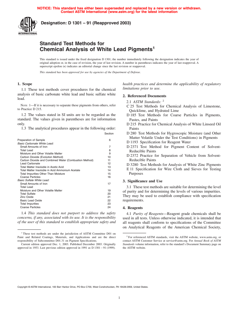 ASTM D1301-91(2003) - Standard Test Methods for Chemical Analysis of White Lead Pigments