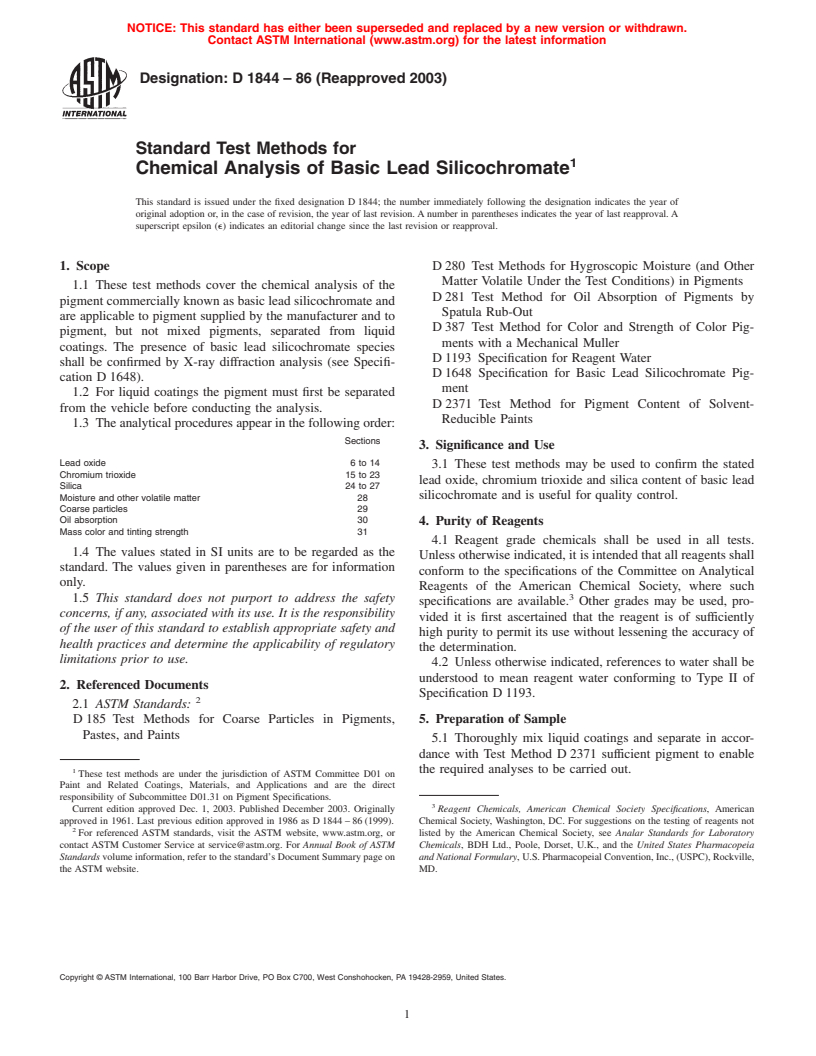 ASTM D1844-86(2003) - Standard Test Methods for Chemical Analysis of Basic Lead Silicochromate