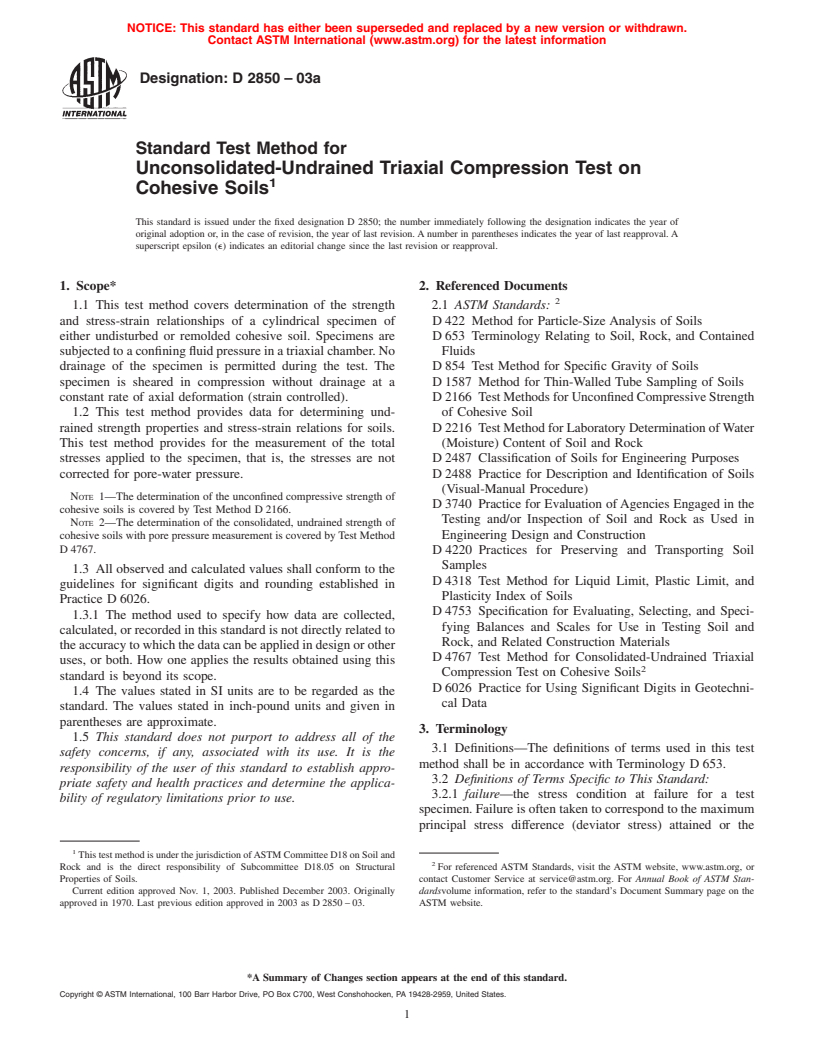 ASTM D2850-03a - Standard Test Method for Unconsolidated-Undrained Triaxial CompressionTest on Cohesive Soils