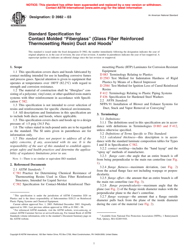 ASTM D3982-03 - Standard Specification for Contact Molded "Fiberglass" (Glass Fiber Reinforced Thermosetting Resin) Duct and Hoods