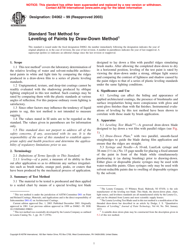 ASTM D4062-99(2003) - Standard Test Method for Leveling of Paints by Draw-Down Method