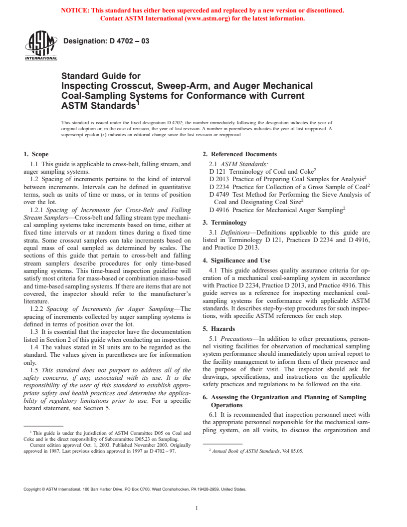 ASTM D4702-03 - Standard Guide for Inspecting Crosscut, Sweep-Arm, and Auger Mechanical Coal-Sampling Systems for Conformance with Current ASTM Standards