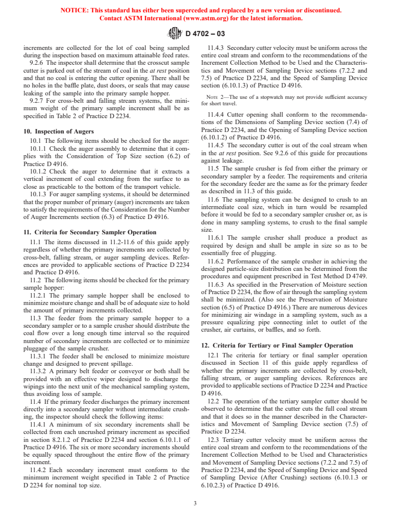 ASTM D4702-03 - Standard Guide for Inspecting Crosscut, Sweep-Arm, and Auger Mechanical Coal-Sampling Systems for Conformance with Current ASTM Standards