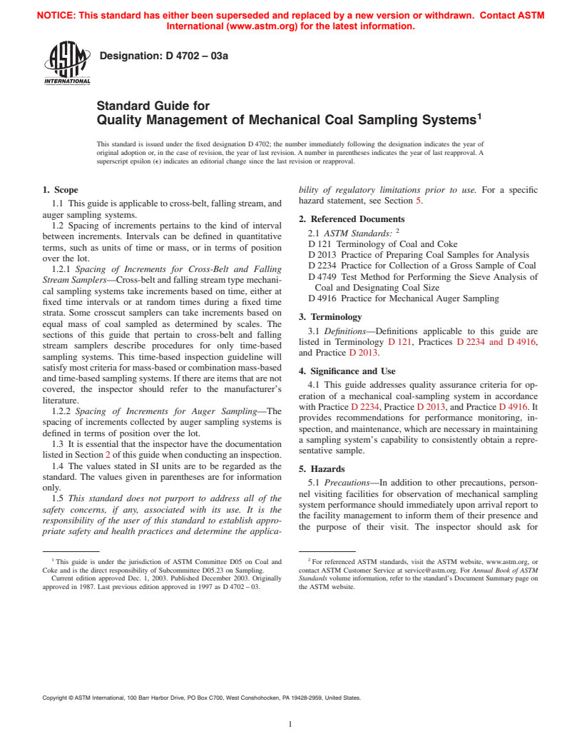 ASTM D4702-03a - Standard Guide for Quality Management of Mechanical Coal Sampling Systems