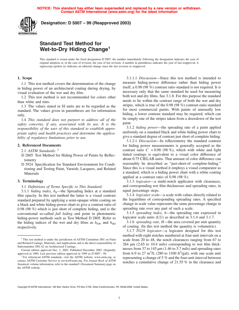 ASTM D5007-99(2003) - Standard Test Method for Wet-to-Dry Hiding Change