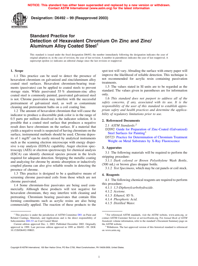 ASTM D6492-99(2003) - Standard Practice for Detection of Hexavalent Chromium On Zinc and Zinc/Aluminum Alloy Coated Steel