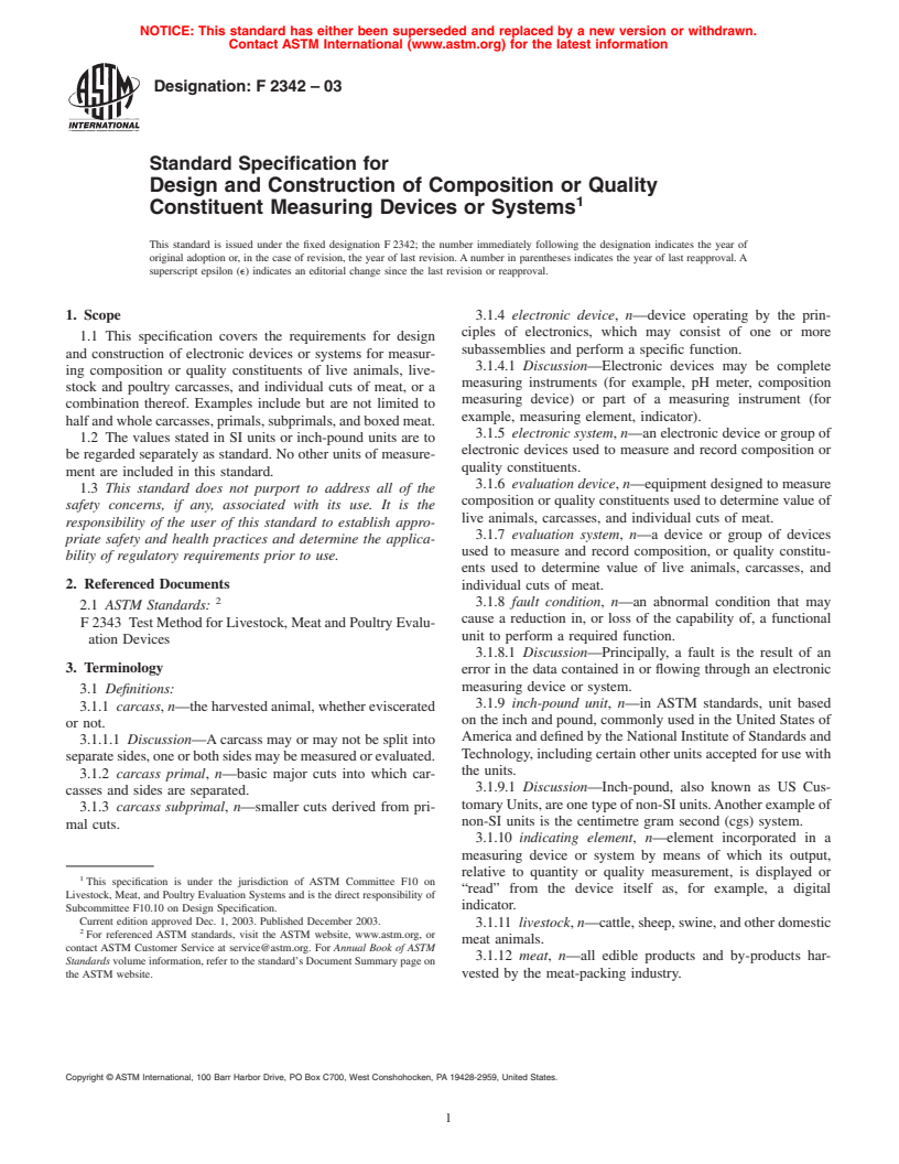 ASTM F2342-03 - Standard Specification for Design and Construction of Composition or Quality Constituent Measuring Devices or Systems