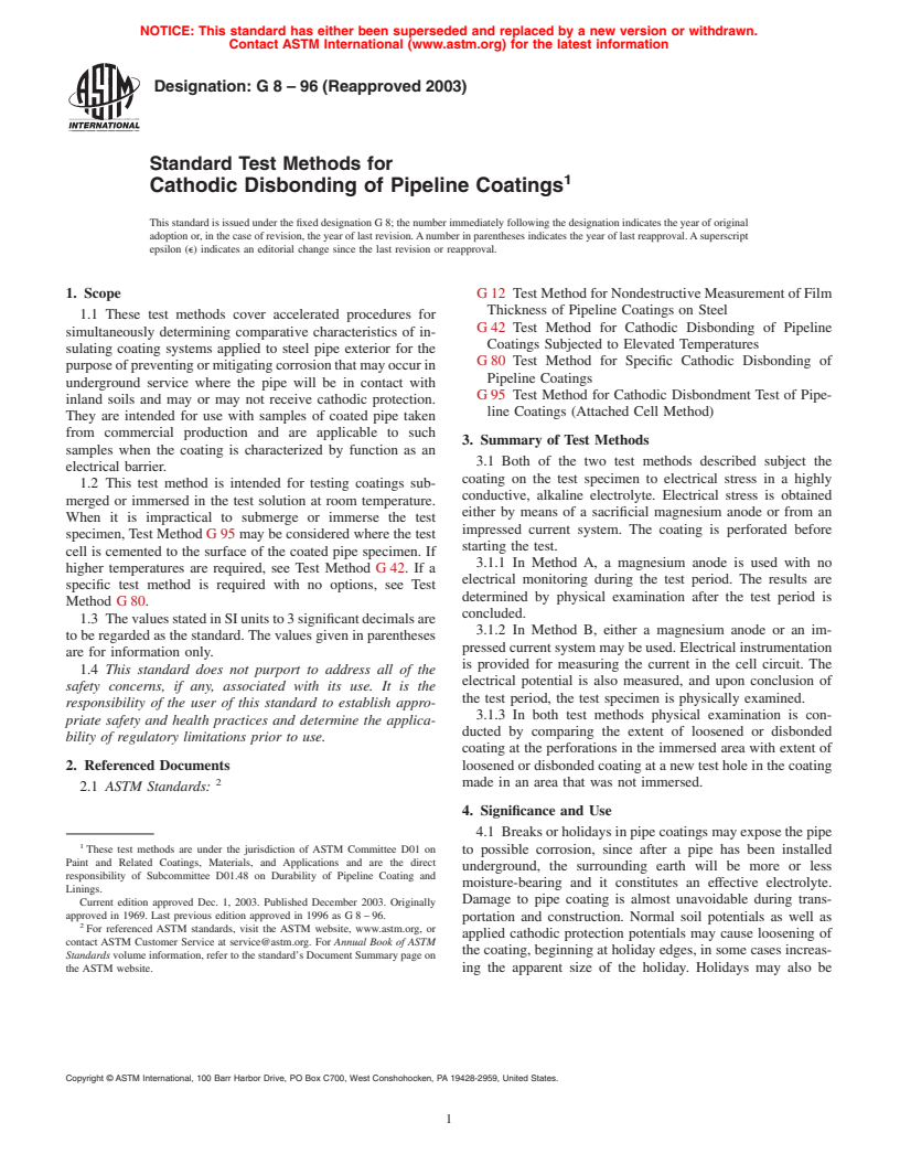 ASTM G8-96(2003) - Standard Test Methods for Cathodic Disbonding of ...