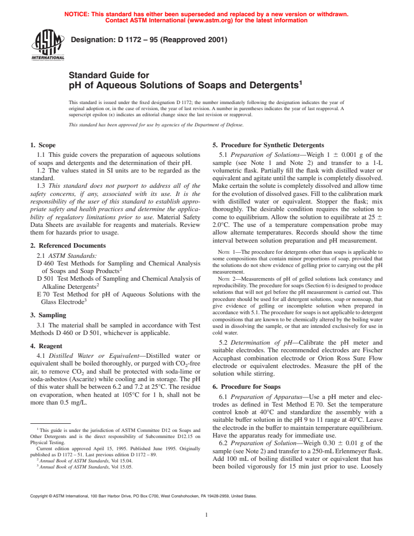 ASTM D1172-95(2001) - Standard Guide for pH of Aqueous Solutions of Soaps and Detergents