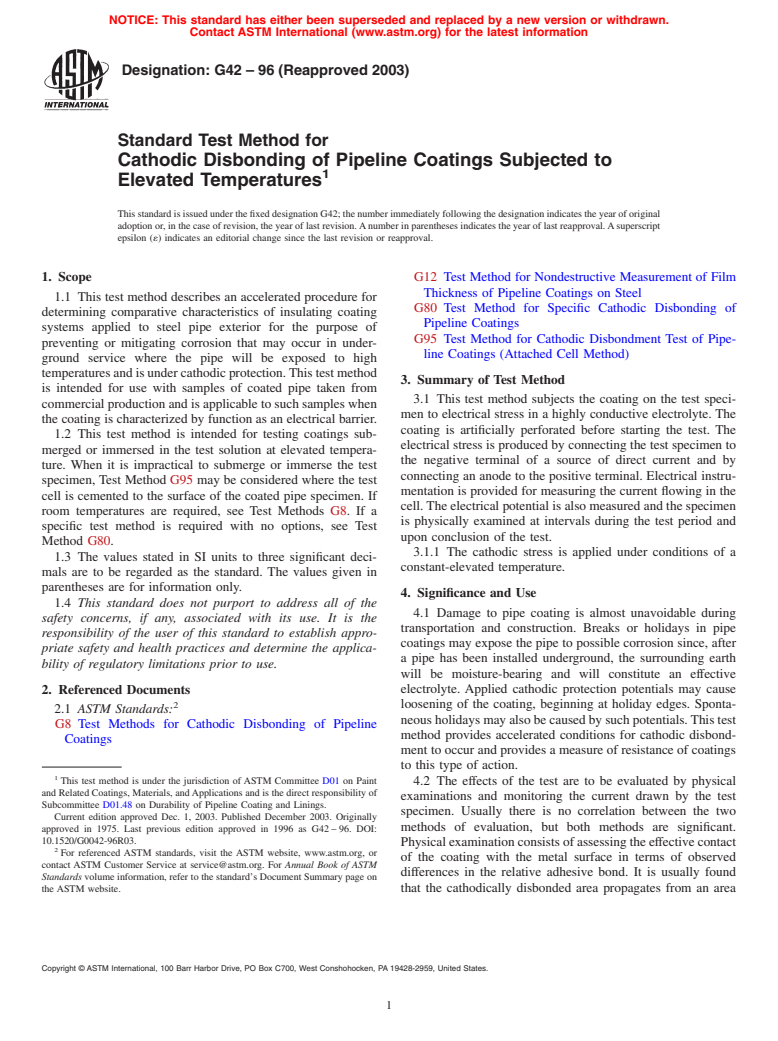 ASTM G42-96(2003) - Standard Test Method for Cathodic Disbonding of Pipeline Coatings Subjected to Elevated Temperatures