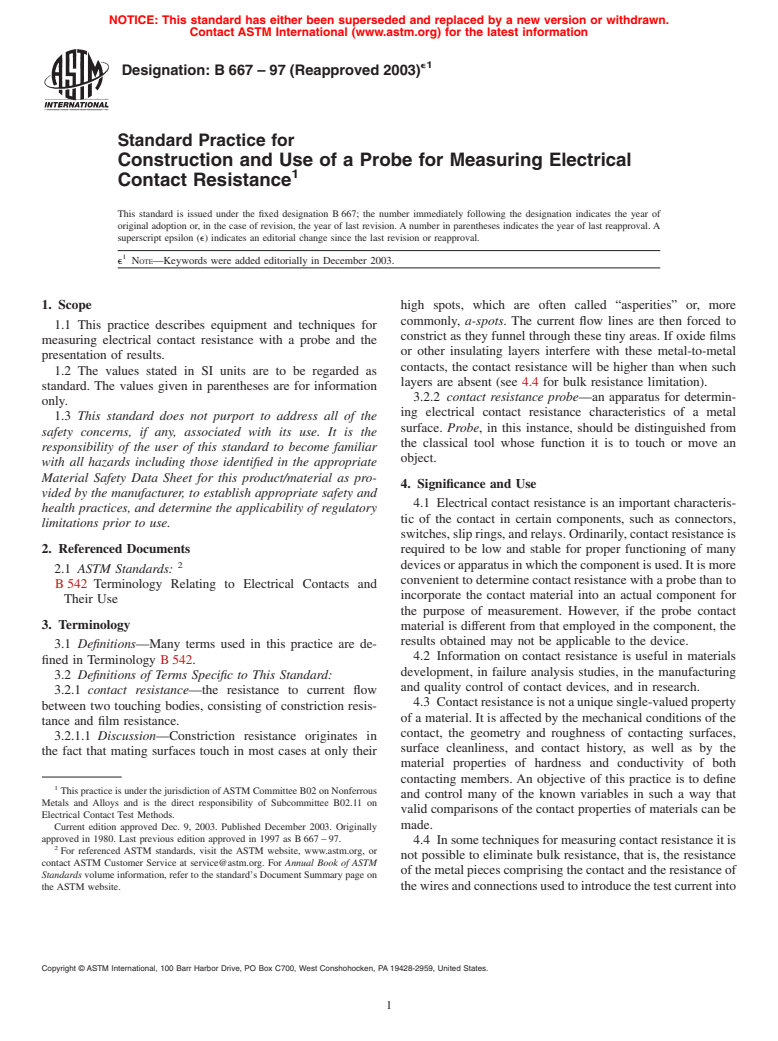 ASTM B667-97(2003)e1 - Standard Practice for Construction and Use of a Probe for Measuring Electrical Contact Resistance