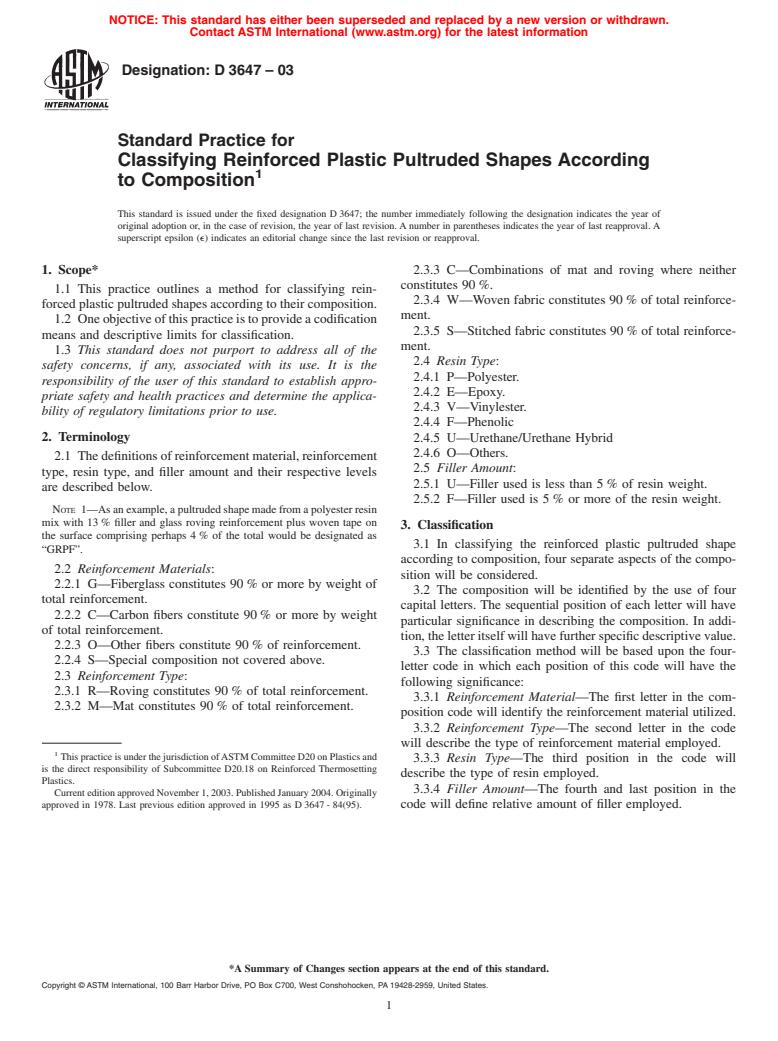ASTM D3647-03 - Standard Practice for Classifying Reinforced Plastic Pultruded Shapes According to Composition