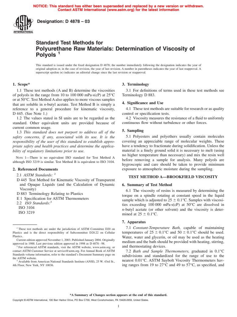 ASTM D4878-03 - Standard Test Methods for Polyurethane Raw Materials: Determination of Viscosity of Polyols