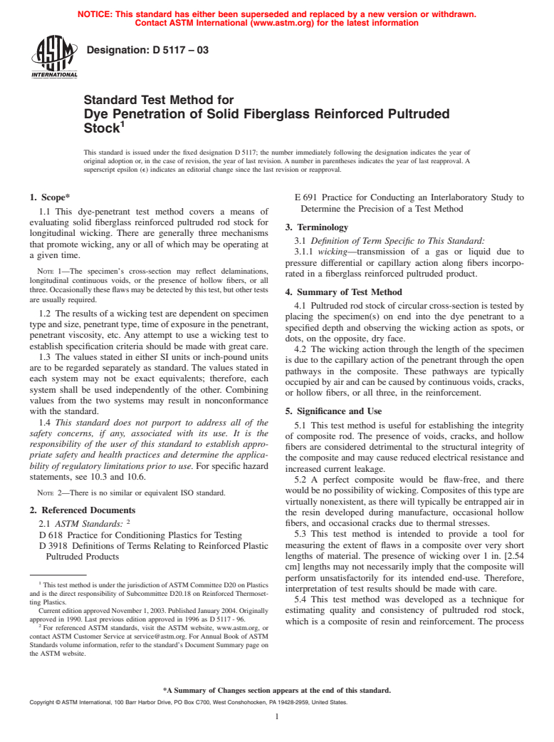 ASTM D5117-03 - Standard Test Method for Dye Penetration of Solid Fiberglass Reinforced Pultruded Stock