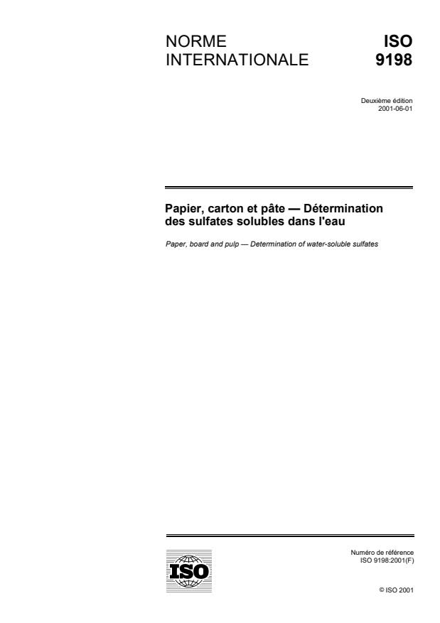 ISO 9198:2001 - Papier, carton et pâte -- Détermination des sulfates solubles dans l'eau