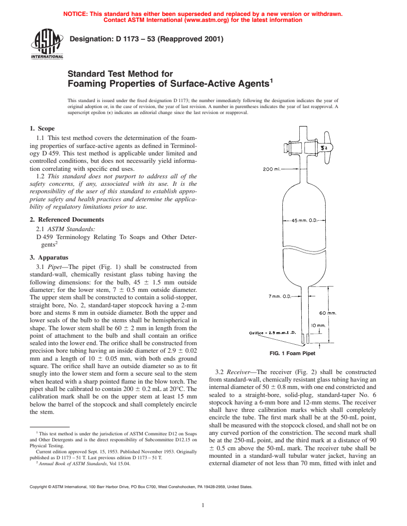 ASTM D1173-53(2001) - Standard Test Method for Foaming Properties of Surface-Active Agents