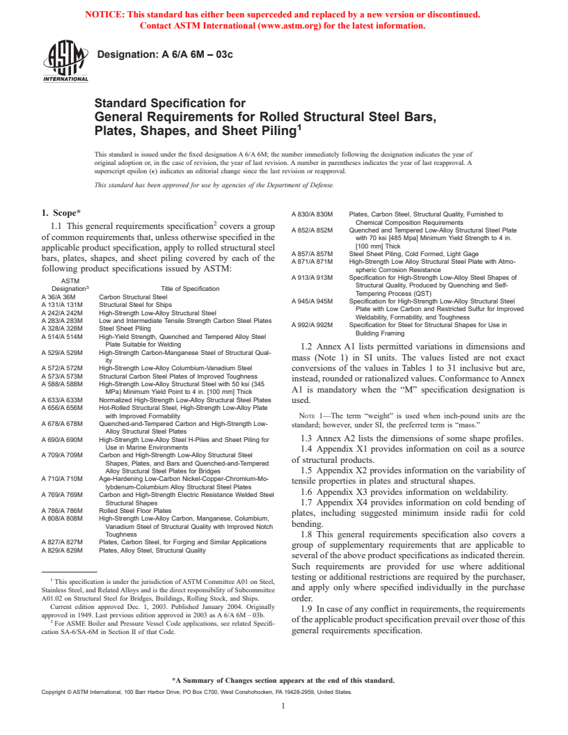 ASTM A6/A6M-03c - Standard Specification for General Requirements for Rolled Structural Steel Bars, Plates, Shapes, and Sheet Piling