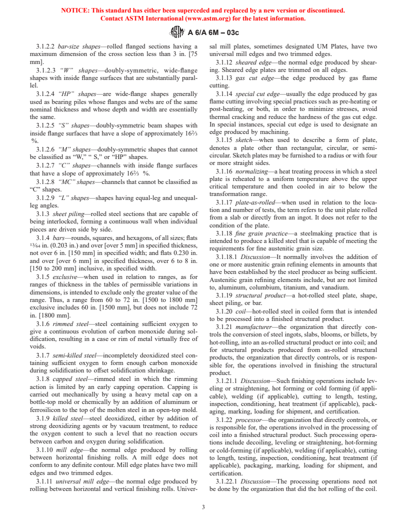 ASTM A6/A6M-03c - Standard Specification for General Requirements for Rolled Structural Steel Bars, Plates, Shapes, and Sheet Piling