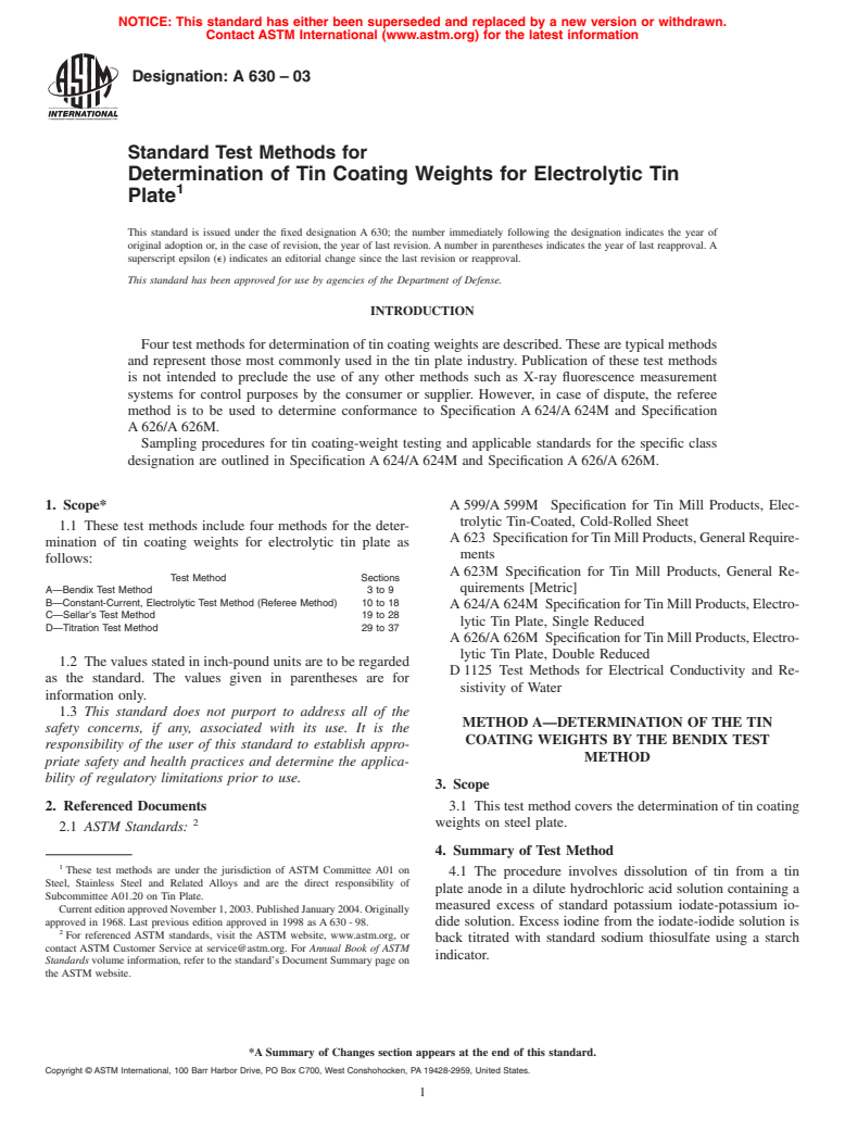 ASTM A630-03 - Standard Test Methods for Determination of Tin Coating Weights for Electrolytic Tin Plate