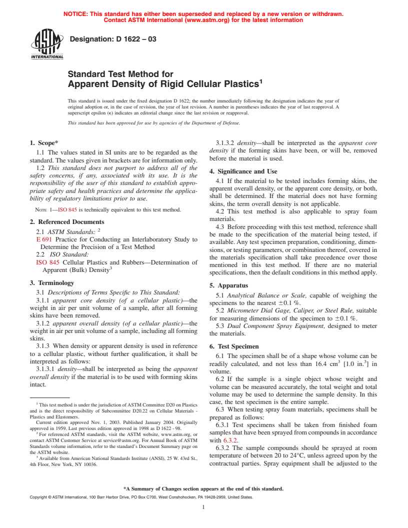 ASTM D1622-03 - Standard Test Method for Apparent Density of Rigid Cellular Plastics