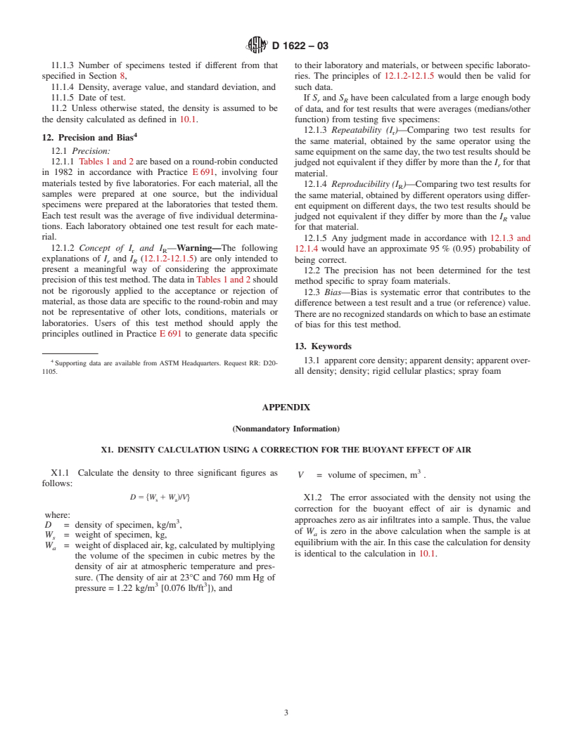 ASTM D1622-03 - Standard Test Method for Apparent Density of Rigid Cellular Plastics