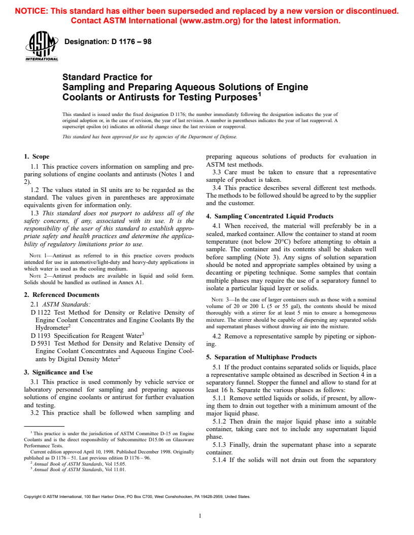 ASTM D1176-98 - Standard Practice for Sampling and Preparing Aqueous Solutions of Engine Coolants or Antirusts for Testing Purposes