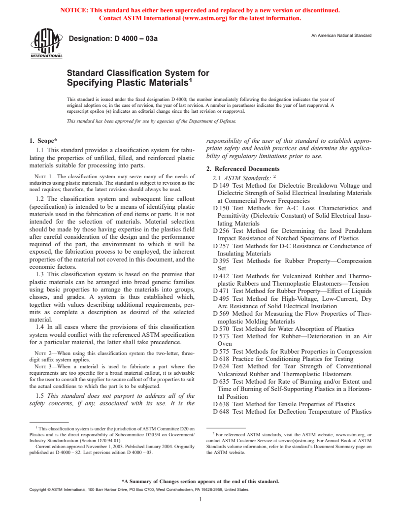 ASTM D4000-03a - Standard Classification System for Specifying Plastic Materials