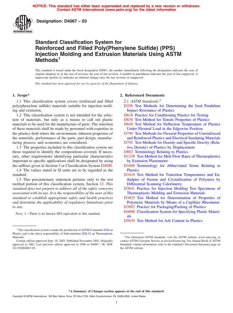 ASTM D4067-03 - Standard Classification System for Reinforced and Filled Poly(Phenylene Sulfide) (PPS) Injection Molding and Extrusion Materials Using ASTM Methods