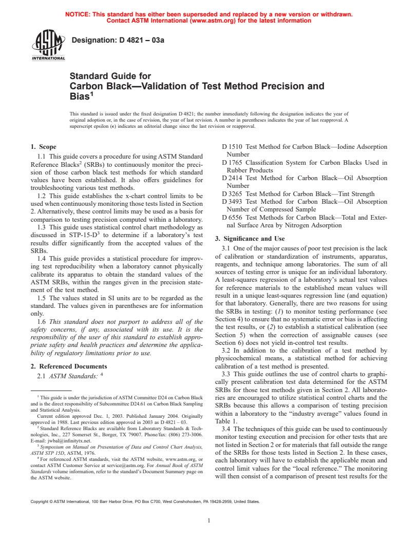 ASTM D4821-03a - Standard Guide for Carbon Black&#8212;Validation of Test Method Precision and Bias