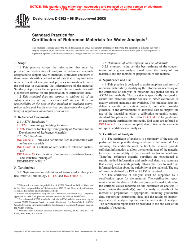 ASTM D6362-98(2003) - Standard Practice for Certificates of Reference Materials for Water Analysis