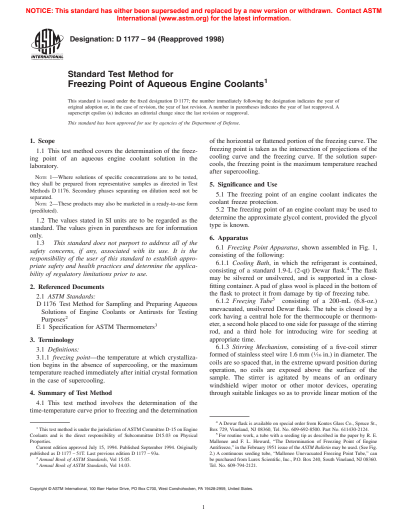 ASTM D1177-94(1998) - Standard Test Method for Freezing Point of Aqueous Engine Coolants