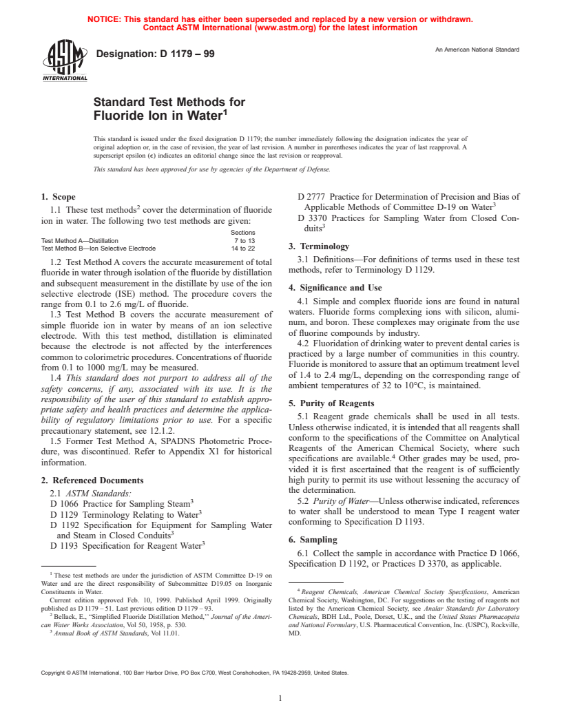 ASTM D1179-99 - Standard Test Methods for Fluoride Ion in Water