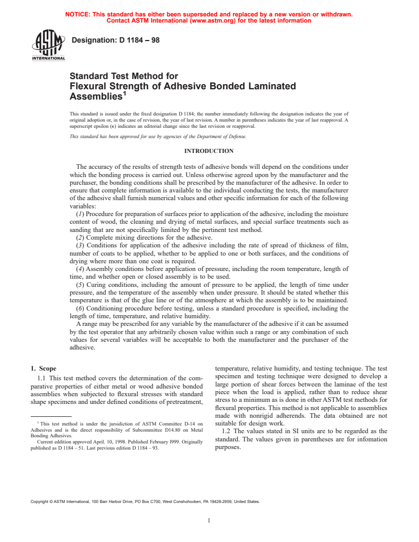 ASTM D1184-98 - Standard Test Method for Flexural Strength of Adhesive Bonded Laminated Assemblies