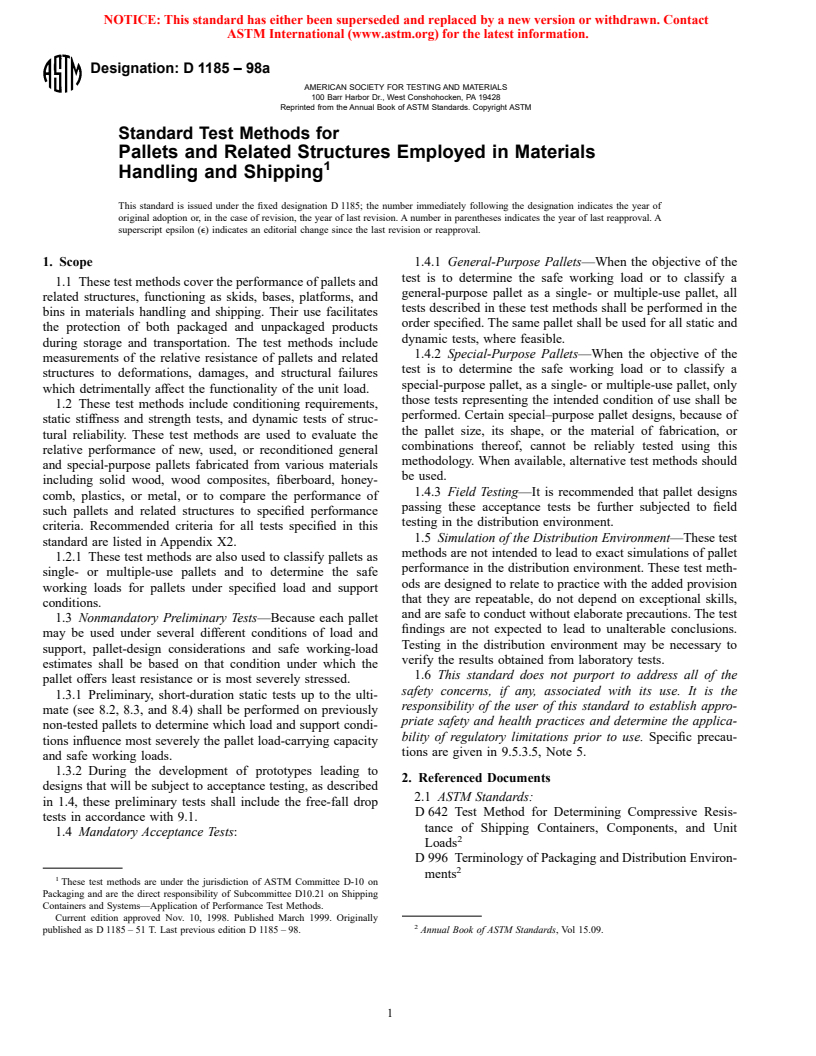 ASTM D1185-98a - Standard Test Methods for Pallets and Related Structures Employed in Materials Handling and Shipping