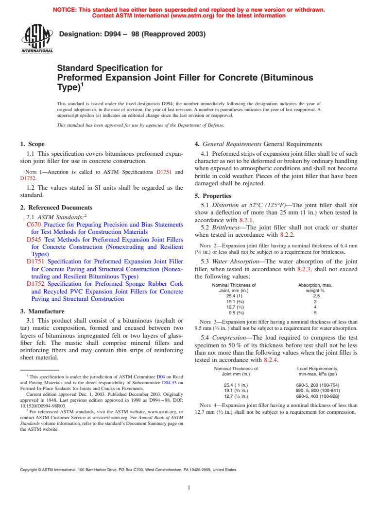 ASTM D994-98(2003) - Standard Specification for Preformed Expansion Joint Filler for Concrete (Bituminous Type)