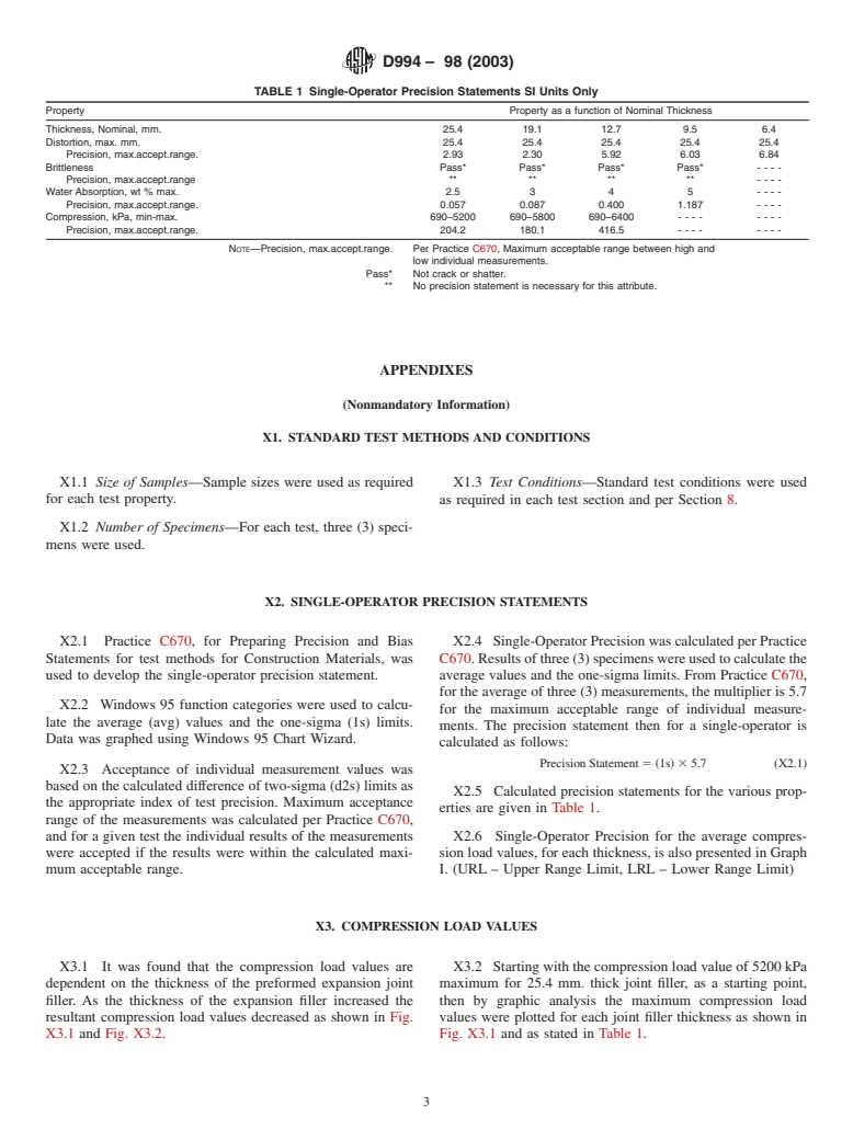 ASTM D994-98(2003) - Standard Specification for Preformed Expansion Joint Filler for Concrete (Bituminous Type)