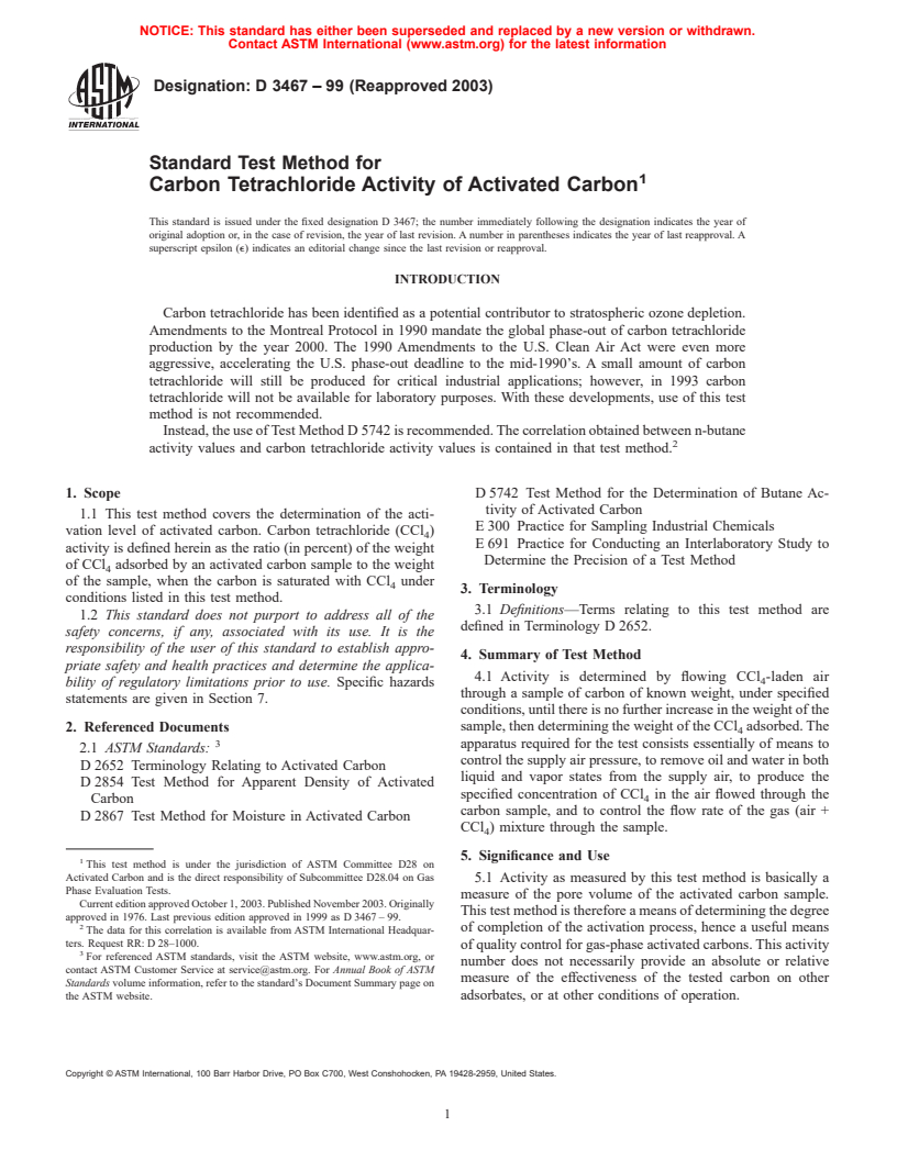 ASTM D3467-99(2003) - Standard Test Method for Carbon Tetrachloride Activity of Activated Carbon