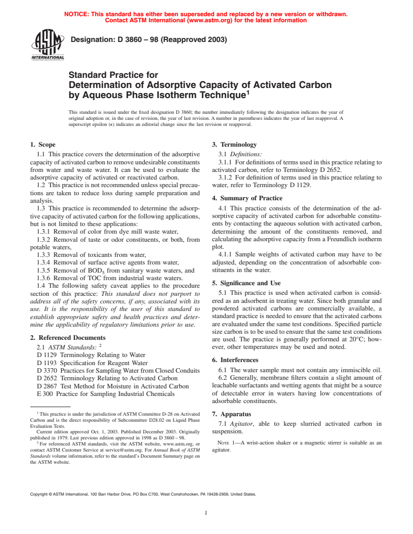 ASTM D3860-98(2003) - Standard Practice for Determination of Adsorptive Capacity of Activated Carbon by Aqueous Phase Isotherm Technique