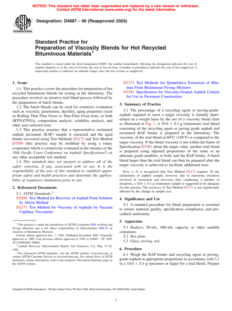 ASTM D4887-99(2003) - Standard Practice for Preparation of Viscosity Blends for Hot Recycled Bituminous Materials