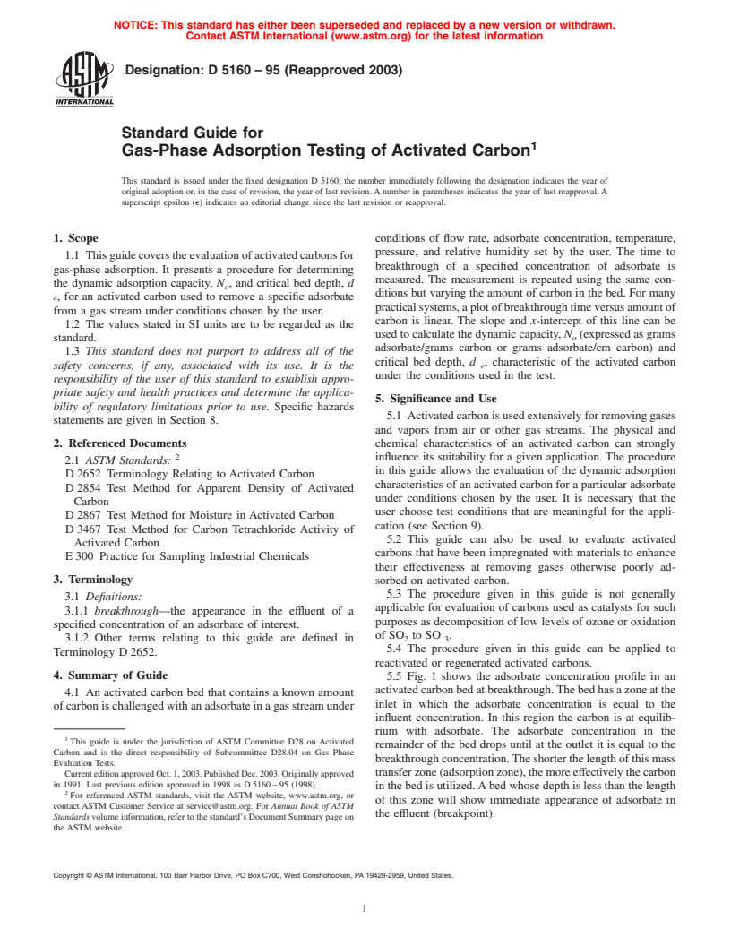 ASTM D5160-95(2003) - Standard Guide for Gas-Phase Adsorption Testing of Activated Carbon
