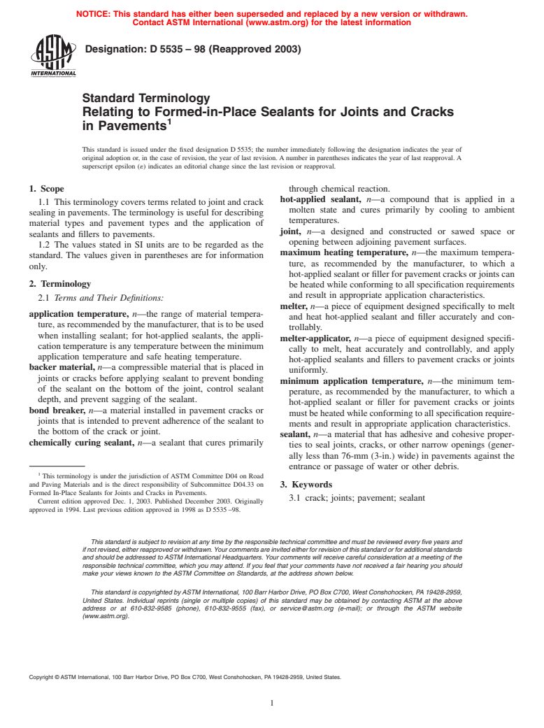 ASTM D5535-98(2003) - Standard Terminology Relating to Formed-in-Place Sealants for Joints and Cracks in Pavements (Withdrawn 2009)