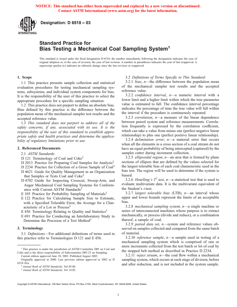 ASTM D6518-03 - Standard Practice for Bias Testing a Mechanical Coal Sampling System