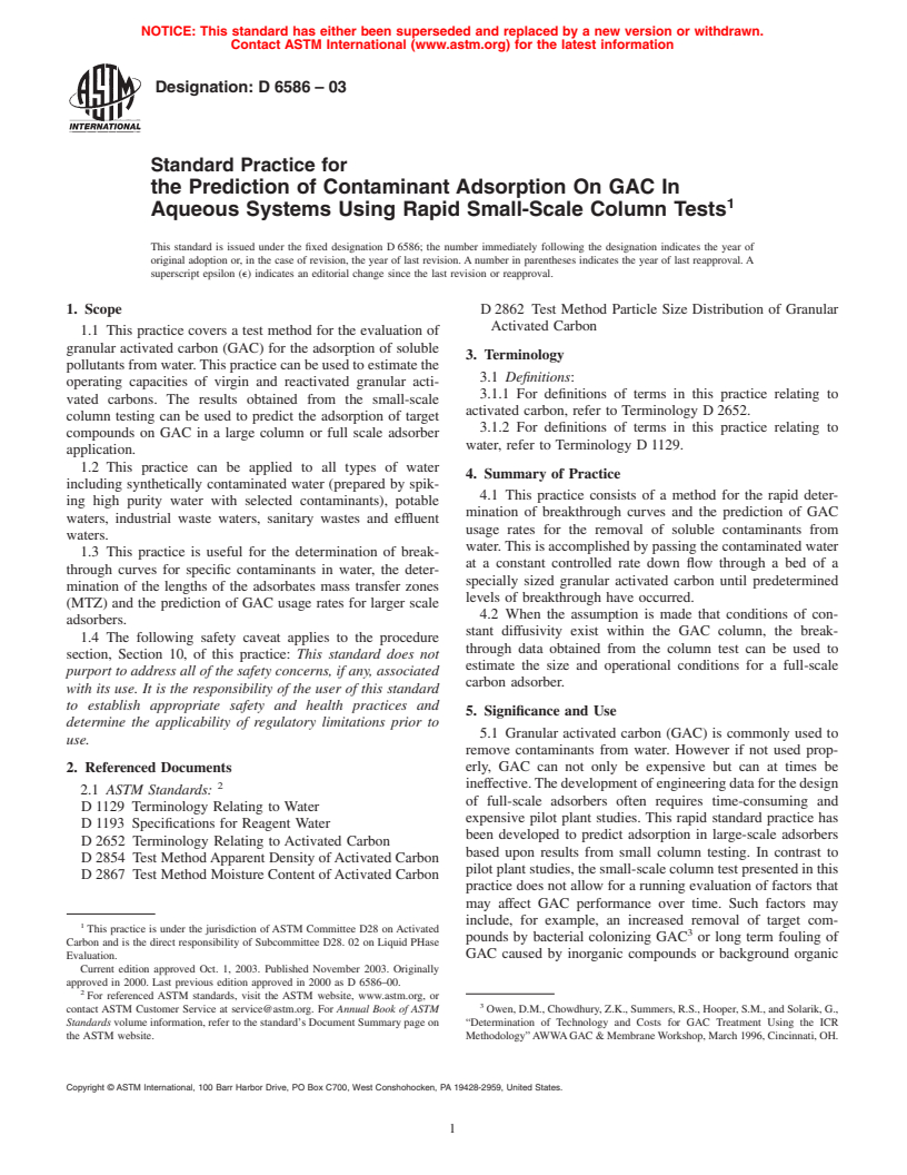 ASTM D6586-03 - Standard Practice for the Prediction of Contaminant Adsorption On GAC In Aqueous Systems Using Rapid Small-Scale Column Tests