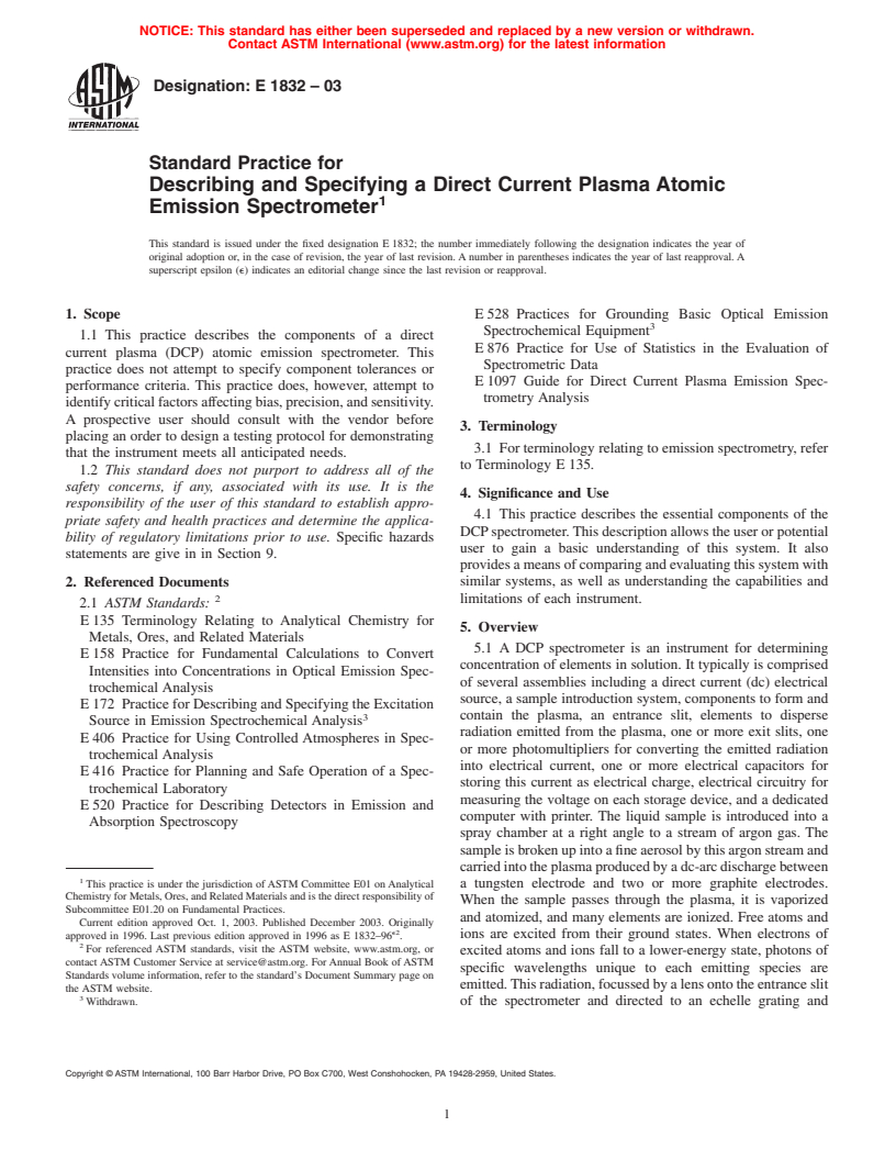 ASTM E1832-03 - Standard Practice for Describing and Specifying a Direct Current Plasma Atomic Emission Spectrometer (Withdrawn 2004)